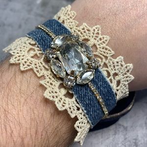 OOAK Jean Bracelet With Vintage Lace and Rhinestones. Wedding, Christmas, Prom